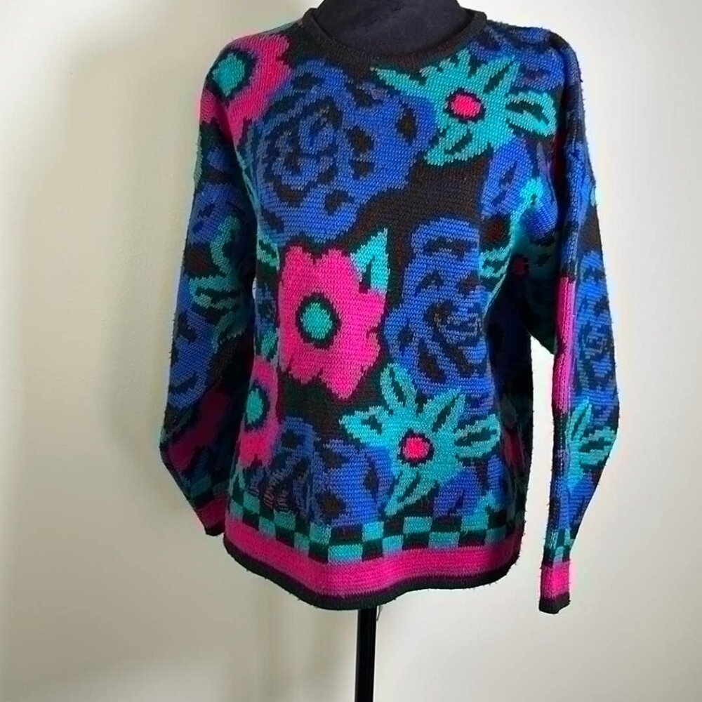 VTG 80s Reference Point Bold Floral Sweater SZ M Neon Magenta Boxy Retro Cosby